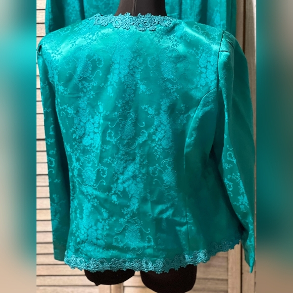 Vintage 80s Brocade Floral Embroidered Skirt Set Suit Pearl Dress Jacket Blazer - Picture 13 of 16